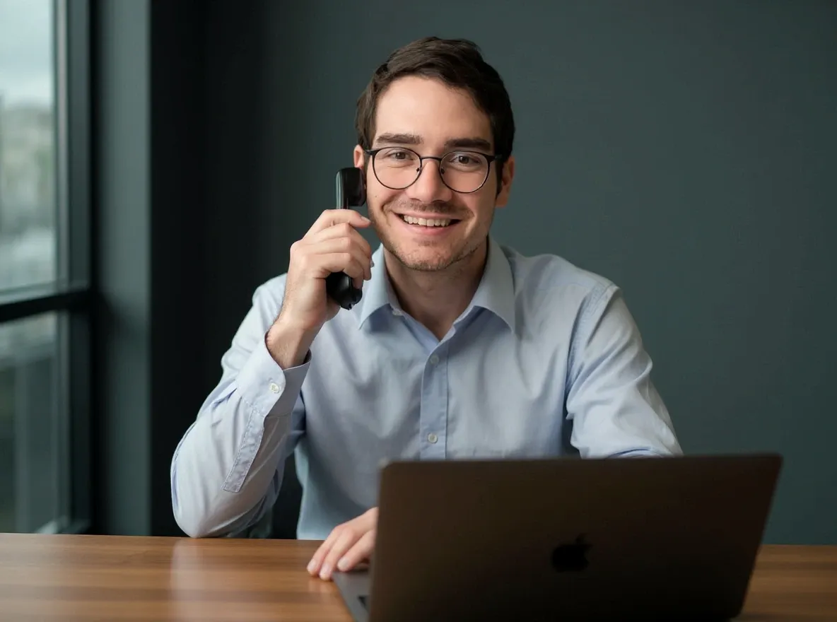 Jens Pramor, Geschäftsführer von Pramor Medical, telefoniert an seinem Schreibtisch im Büro.